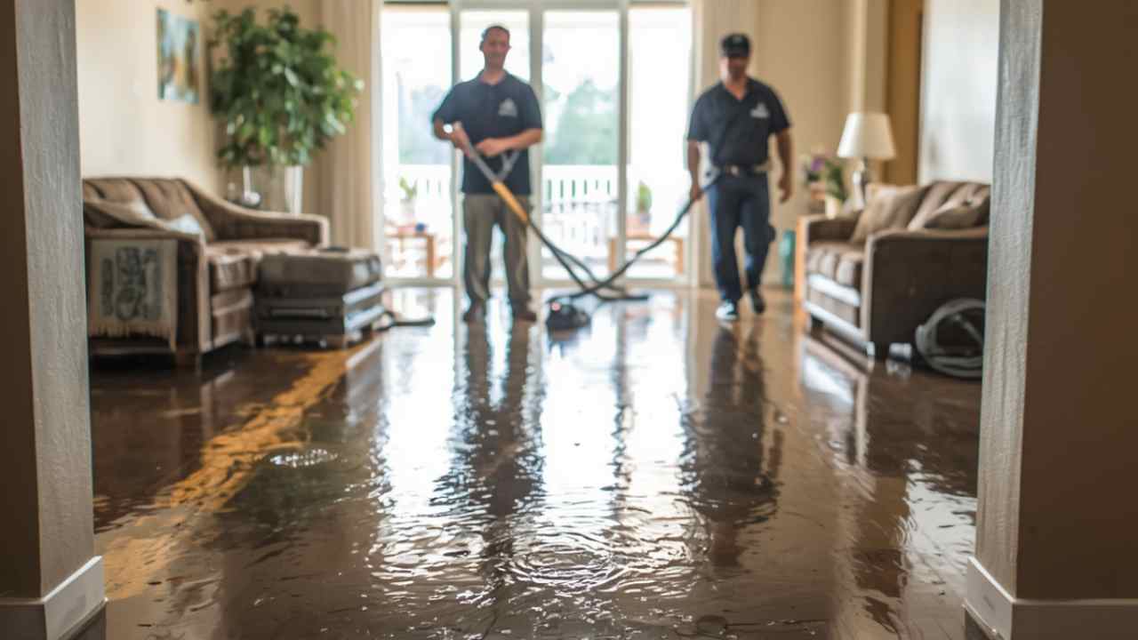 Water damage restoration team extracting flood water from a residential living room - 24/7 emergency service